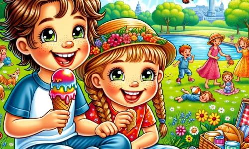 Un ragazzo di 8 anni, con i capelli castani in disordine e gli occhi brillanti di gioia, è seduto su una coperta a quadri rossi e bianchi in un parco soleggiato. Sorride ampiamente, tenendo un cono gelato che si sta sciogliendo nella mano, con colori vivaci sul viso. Accanto a lui, la sua sorellina Lucia, una bambina di 5 anni con i capelli biondi intrecciati e un grande cappello di paglia, ride cercando di prendere una farfalla che vola intorno a loro. La loro mamma, una donna sorridente con capelli castani, sta disimballando un cestino da picnic pieno di deliziosi panini e frutta fresca. Il parco è verdeggiante, con grandi alberi che ombreggiano fiori colorati e un lago scintillante in lontananza. Famiglie passeggiano e bambini giocano a palla. La scena principale mostra il ragazzo e sua sorella che si divertono insieme, circondati da risate e luce, godendosi un momento di felicità estiva in famiglia.