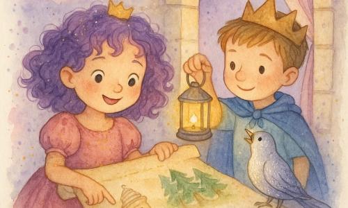 A princesa Lila, menininha delicada de cabelos violeta encaracolados e vestido rosa com brilho dourado, segura um grande pergaminho cartografado e sorri com olhos brilhantes; um pássaro prateado não humano pousa no peitoril da janela inclinando a cabeça como se cantasse; o príncipe Miguel, cerca de 6 anos, com capa azul pequena e coroa de madeira, está atrás dela, curioso e terno, segurando uma lanterna acesa; a cena se passa na janela de uma torre de castelo em pedra creme, com vista para um céu lavanda e nuvens rosas e cortinas bordadas esvoaçantes; no pergaminho há três desenhos: uma torre ventosa em linhas espirais, um lago espelho azul profundo e uma floresta de troncos ondulados verdes; a princesa aponta para o pergaminho, o príncipe ilumina o desenho e o pássaro olha para o horizonte; paleta suave de lavandas, rosas, azuis pálidos e toques de ouro; estilo aquarela suave com textura de papel e respingos controlados em nuvens e bordas do pergaminho.