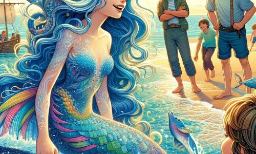 Al centro dell'immagine, una sirena di nome Lira, con lunghi capelli ondulati di un blu brillante, emerge dalle onde. Il suo viso è illuminato da un sorriso caloroso, i suoi occhi brillano di eccitazione e curiosità. La sua coda scintillante, decorata con motivi colorati, si dispiega graziosamente nell'acqua, mentre tende la mano verso un gruppo di umani sulla spiaggia. A sinistra, un ragazzo di 12 anni di nome Luca, con capelli castani disordinati e occhi pieni di entusiasmo, si trova sulla sabbia. Indossa una maglietta blu e dei pantaloni corti, e guarda Lira con ammirazione, pronto a invitarla a unirsi a lui. Accanto a lui, un uomo di cinquant'anni, un pescatore dal viso segnato, osserva la scena con un misto di sorpresa e diffidenza, le braccia incrociate. Il contesto è una spiaggia soleggiata, con onde dolci che si infrangono sulla riva. Conchiglie colorate e alghe danzano nell'acqua, mentre il cielo è punteggiato di nuvole rosa e dorate al crepuscolo. La scena principale mostra Lira e Luca che si incontrano per la prima volta, simboleggiando l'unione tra il mondo umano e quello marino, mentre gli altri personaggi guardano con curiosità e apprensione.