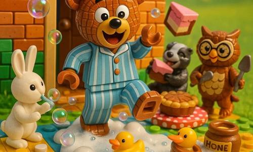 Bruno, ein großer Teddybär in LEGO‑Form, überrascht und lachend mit runden Augen und offenem Mund, braunes steintexturiertes Fell, trägt blau‑weiß gestreiften Schlafanzug und rutscht gerade auf einer großen glänzenden, schäumenden Seifenpfütze direkt außerhalb einer Holztür. Links hockt der weiße LEGO‑Hase Hoppel mit langen Ohren und frechem Lächeln, er pustet Seifenblasen durch einen bunten Strohhalm. Rechts tanzt die braun gefiederte LEGO‑Eule Ella mit runden Brillen und schwingt schelmisch eine kleine Kuchenpalette. Hinter der Pfütze sitzt der schwarz‑graue LEGO‑Dachs Dodo, lacht und hält ein großes Stück rosa Kuchen neben einer Torte auf einer gepunkteten Decke. Eine gelbe Plastikente schwimmt fröhlich in dem Schaum nahe einem wie ein Boot treibenden Honigtopf. Szene: haustürschwelle aus warmen Ziegeln, rutschiges bunt gekacheltes Pflaster mit weißem Schaum und bunten, durchscheinenden Blasen, im Hintergrund helle Wiese und pastellener Sonnenuntergang; komischer Moment, in dem Bruno hinausrutscht, herumfliegende Seifenblasen, lachende Nachbarn und ein leicht fliegendes Stück rosa Kuchen, schrullige Stimmung, leuchtende Farben und glänzende, runde Formen.