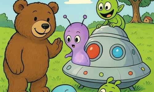 Bruno ist ein großer realistischer Teddybär mit dichter brauner Fell, runden sanften Augen und einem freundlichen Lächeln, er winkt mit der Pfote; Lila ist eine violette, glühende Glühwürmchenartige Außerirdische mit feinen Antennen, staunendem Gesicht, sie steigt gerade aus einem kleinen gerundeten silbernen Raumschiff; Blip ist eine hellblaue, rundliche Kreatur mit gelben Flecken, funkelnden Augen und neugierigen Händen und riecht an einer Tulpe im Vordergrund; Zwirbel ist ein grüner, dreiaugiger, schelmischer Außerirdischer, der fröhlich am Rand des Raumschiffs hochklettert; das Raumschiff hat bunte Bullaugen und blinkende Lichter und steht in einer sonnigen Wiese mit lebhaft grünem Gras, roten und gelben Blumen, einem funkelnden Bach, ein paar entfernten Holzhäusern und einer großen Eiche — eine freundliche, neugierige Begegnung in fröhlicher, ruhiger Atmosphäre mit klaren Formen und leuchtenden Farben für Kinder.