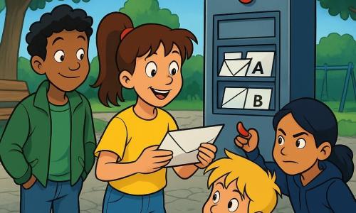 Vier kinderen van 12: Mila (bruin haar in twee staarten, felgeel T-shirt, spijkerbroek) staat links van het midden met een geopende envelop A, verwonderde blik en brede glimlach; Omar (getinte huid, kort krullend haar, groene jas) staat links achter haar met handen in zakken, ondeugende blik; Jasper (blond, warrig haar, rood gestreept T‑shirt) leunt rechts van Mila naar de enveloppen met een speelse glimlach en een knie op de grond; Noor (zwarte gladde opgestoken haren, donkerblauwe sweater) staat rechts achter Jasper en raakt een klein rood lampionnetje op een metalen bord aan, vastberaden blik. Ze staan op een buurtpleintje bij een speeltuin met ongelijk grijze keien, een versleten houten bank links, vage schommels op de achtergrond en donkere bomen die vlekkerige schaduwen werpen; centraal achter hen een gekarteld metalen bord met een knipperend rood lampje en een doos bevestigd met drie enveloppen A, B, C; de sfeer is elektrisch en spannend, in verzadigde kleuren en scherpe, zwarte contouren in 90s cartoonstijl.