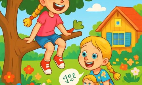 Es gibt zwei Hauptfiguren: - Lisa: ein 8-jähriges Mädchen mit langen, geflochtenen blonden Haaren, strahlend blauen Augen, das ein rosa T-Shirt und eine Jeansshorts trägt. Sie sitzt auf einem Ast und lacht herzhaft. - Lena: ein 8-jähriges Mädchen, das ihrer Schwester ähnelt, mit geflochtenen blonden Haaren und glänzenden blauen Augen, angezogen in einem bunten Blumenkleid. Sie hockt unter dem Baum, hält ihre verlorene Puppe und hat ein großes Lächeln im Gesicht. Der Ort der Hauptsituation ist ein sonniger Garten, gefüllt mit bunten Blumen, großen grünen Bäumen und einem gepflegten Rasen. Im Hintergrund sieht man ein kleines Holzhaus mit blauen Fensterläden und einen hellblauen Himmel, der mit einigen flauschigen weißen Wolken gesprenkelt ist. Die Hauptsituation der Geschichte zeigt Lisa und Lena, die zusammen lachen, umgeben von verstreutem Spielzeug, während sie Worte in ihrer geheimen Sprache erfinden. Ihre Gesichter strahlen Freude aus, und die Atmosphäre ist voller Glück und Freundschaft.