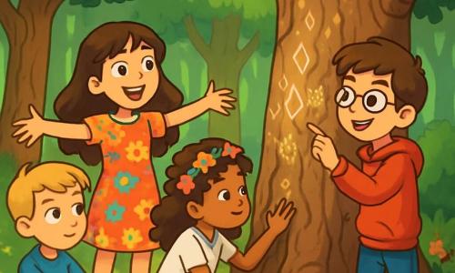Hay 4 niños: Ana, una niña de 10 años con cabello largo y castaño, que lleva un vestido colorido y está de pie con los brazos abiertos; Lucas, un niño de 11 años con cabello corto y rubio, que viste una camiseta azul y está un poco apartado con los brazos cruzados; Valeria, una niña de 10 años con cabello rizado y una corona de flores, que lleva una blusa blanca y pantalones de mezclilla, agachada examinando inscripciones en un árbol; y Tomás, un niño de 11 años con gafas y cabello castaño, que lleva una sudadera roja y está al lado de Ana, señalando el viejo árbol con determinación. La escena tiene lugar en un claro de un bosque encantado, rodeado de árboles altos y un suelo cubierto de flores coloridas, con un árbol antiguo en el centro que presenta inscripciones misteriosas que brillan al sol. Los niños descubren el árbol mágico, con Ana entusiasmada, Valeria observando las inscripciones, Lucas curioso y Tomás señalando las palabras grabadas, todos juntos en un ambiente de asombro y descubrimiento.