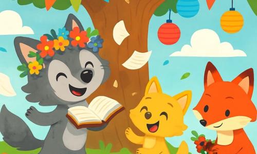 Lupo, un pequeño lobo de pelaje gris y suave, con grandes ojos brillantes de alegría, baila bajo un gran roble, con una sonrisa radiante en su rostro. Lleva una corona de flores coloridas en la cabeza y sostiene un libro abierto entre sus patas delanteras, rodeado de páginas que revolotean. A su lado, Lupita, su hermanita, un adorable lobezno de pelaje dorado, ríe a carcajadas, con los ojos brillantes de emoción, mientras intenta imitar los pasos de baile de Lupo. Nico, un zorro rojo brillante con una cola espesa, se encuentra un poco retirado, trenzando flores para su propia corona, con una expresión concentrada pero divertida en su rostro. El lugar es un jardín soleado, lleno de flores vibrantes y un cielo azul claro salpicado de nubes blancas y esponjosas. El gran roble, majestuoso, ofrece una sombra acogedora, y farolitos de colores flotan en el aire, creando una atmósfera festiva. La escena principal muestra a Lupo y sus amigos celebrando su festival de verano, bailando alegremente alrededor del roble, rodeados de risas y colores, mientras comparten historias y tradiciones inventadas juntos.