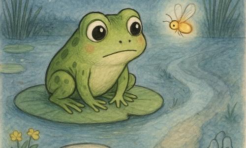 A small green frog sits on a round lily pad, wide bright eyes, shy but determined, slightly leaning as if about to jump; smooth spotted skin, folded legs, small focused smile. A glowing yellow-orange firefly hovers to the frog’s right like an encouraging friend. A small silver pebble floats on the water before the frog, wet-metal shine with clear simple letters: THREE PATHS. The scene is a soft nighttime pond: calm moonlit water, green pads, tall reeds and a starry deep-blue sky. Three paths emerge from the water ahead of the frog: one edged with yellow flowers, one strewn with tiny silver bells, and one shrouded in bluish mist. Tender, dreamy mood with gentle light and light ink-and-wash pastel textures.