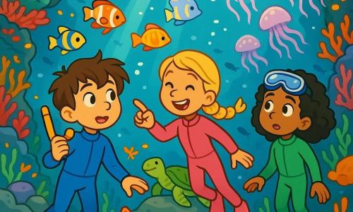 Er zijn 3 personages: - Finn: een 10-jarig jongetje met rommelig bruin haar en nieuwsgierige ogen. Hij draagt een blauwe duikpak en houdt een snorkel in zijn hand, terwijl hij verwonderd naar de kleurrijke vissen om hem heen kijkt. - Noor: een 9-jarig meisje met lange, gevlochten blonde haren en een stralende glimlach. Ze is gekleed in een roze duikpak en zwemt vrolijk dicht bij Finn, terwijl ze met haar vinger naar een grote zee ster op de zeebodem wijst. - Yasmin: een 10-jarig meisje met gekruld zwart haar en duikbril op haar voorhoofd. Ze draagt een groene duikpak en staat iets op afstand, terwijl ze kijkt naar een dans van glinsterende kwallen die rustig in het water drijven. De hoofdlocatie is een prachtige onderwatergrot, met rotswanden bedekt met kleurrijke koralen en lichtstralen die door het water filteren, wat een betoverend schouwspel creëert. Felgekleurde tropische vissen zwemmen om hen heen, terwijl een grote zeeschildpad op een steen rust, wat een vleugje magie aan deze onderwateromgeving toevoegt. De hoofdactie van het verhaal toont de kinderen die een groep dansende kwallen ontdekken, verlicht door zonlicht, terwijl ze de grot verkennen. Ze lachen en verwonderen zich over de schoonheid van de zee, waardoor ze onvergetelijke herinneringen aan hun onderwateravontuur creëren.
