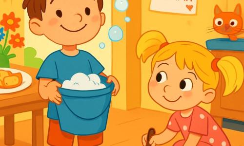 Ci sono 2 personaggi principali: Giacomo, un ragazzo di 7 anni con capelli castani e arruffati, indossa una grande maglietta blu e pantaloni corti, è in piedi con un grande secchio di pulizia e un sorriso orgoglioso; e Sofia, una ragazza di 7 anni con capelli biondi in due trecce, indossa un vestito rosa a pois, è accovacciata con una scopa e guarda Giacomo con un'espressione maliziosa. La scena si svolge in una cucina accogliente con pareti gialle, un tavolo in legno rustico coperto di fiori colorati e pancake strani a forma di cuori e nuvole su un piatto. Si notano schizzi di farina sul pavimento e bolle di sapone nell'aria. I due stanno pulendo e preparando una sorpresa per la festa della mamma, con sorrisi luminosi e un'atmosfera gioiosa, mentre un gatto curioso li osserva da un angolo della stanza.