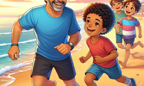 Un uomo di mezza età, Giorgio, con capelli brizzolati e un sorriso caloroso, sta giocando a calcio sulla spiaggia. Indossa una maglietta blu e pantaloni corti neri, e il suo volto esprime gioia ed eccitazione. Accanto a lui, un ragazzo di 8 anni di nome Marco, con capelli ricci e occhi brillanti, tiene un pallone da calcio sotto il braccio. Lo guarda con ammirazione, pronto a passargli il pallone. Dietro di loro, un gruppo di quattro bambini, due ragazzi e due ragazze, di età compresa tra 7 e 10 anni, si divertono a correre sulla sabbia dorata, indossando t-shirt colorate e ridendo gioiosamente, creando un'atmosfera di amicizia e felicità. La scena si svolge su una spiaggia soleggiata, con onde dolci che si infrangono sulla riva, un cielo colorato di rosa e arancione al tramonto, e conchiglie sparse sulla sabbia. La situazione principale mostra Giorgio e Marco che giocano insieme, circondati dagli altri bambini che ridono e si divertono, illustrando lo spirito di squadra e la passione per il calcio.