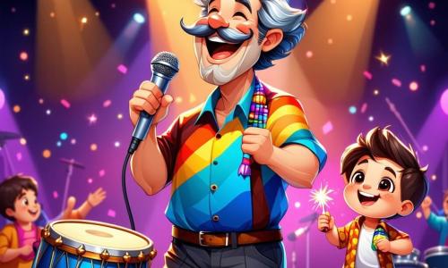 Il Signor Note, un uomo di circa cinquant'anni con capelli ricci e un grande baffo, sorride gioiosamente sul palco, vestito con una camicia colorata e pantaloni neri. I suoi occhi brillano di eccitazione mentre canta con passione, tenendo un microfono in una mano e un tamburo nell'altra. Marco, un ragazzo di 8 anni con capelli castani e occhi vivaci, è accanto a lui, con una maracas e ride con entusiasmo. Giulia, una bambina di 7 anni con trecce bionde e un vestito a fiori, balla felicemente scuotendo un tamburello. Sofia, una piccola di 6 anni con codini castani, applaude con un grande sorriso, gli occhi fissi sul Signor Note. La scena si svolge in un parco soleggiato, pieno di palloncini colorati e alberi verdi che danzano al ritmo della musica. Bambini e famiglie sono seduti su coperte, ascoltando attentamente e divertendosi. Il Signor Note e i bambini cantano insieme una canzone gioiosa su un'avventura in un boschetto magico, creando un'atmosfera festosa e piena di risate, mentre il pubblico applaude con entusiasmo.