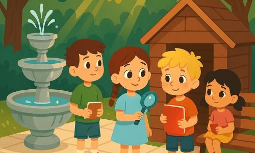 Ci sono quattro bambini: Milo, 6 anni, capelli castani corti, maglietta verde e jeans corti, in piedi vicino alla fontana a sinistra con un piccolo taccuino; Giulia, 6 anni, capelli castano in treccia, vestito azzurro, lente di plastica blu nella mano destra, al centro davanti alla casetta, viso curioso; Leo, 6 anni, capelli biondi spettinati, uscente dalla casetta di legno a destra, tiene un grande quaderno rosso contro il petto con espressione timida; Sara, 6 anni, capelli neri a codini, gonna gialla, seduta su una panchina dietro il gruppo con un pezzetto di carta rossa e uno sguardo compassionevole. Ambientazione: piazzetta ombreggiata con pavimento chiaro, grande fontana in pietra a sinistra, piccola casetta da gioco in legno a destra con porta socchiusa, panchina dietro i bambini, sentiero di foglie verdi e marroni che collega casetta e fontana, alberi dalle foglie larghe e raggi di sole dorati. Situazione: i quattro circondano Leo che esce con il quaderno rosso; Milo e Giulia guardano il quaderno e Giulia mostra la lente, Sara tiene un piccolo indizio; tutti hanno espressioni dolci e attente, qualche foglia forma una scia sul pavimento e il quaderno rosso brilla leggermente come punto focale.