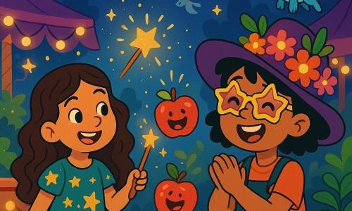 Dos personajes principales: 1. Valeria, una niña de 10 años con cabello rizado y un vestido colorido adornado con estrellas brillantes, está en el centro, agitando una varita mágica que emite chispas doradas. 2. Luna, una niña de 10 años con cabello corto y gafas en forma de estrella, lleva un sombrero extravagante lleno de flores coloridas. Ella está al lado de Valeria, riendo y aplaudiendo con entusiasmo. El lugar es el mercado mágico de Magilandia, un sitio vibrante y encantador, donde los puestos están decorados con guirnaldas luminosas y frutas brillantes. Criaturas fantásticas, como pequeños dragones y hadas, vuelan alrededor, añadiendo un toque de magia a la atmósfera festiva. La situación principal muestra a Valeria, llena de confianza, lanzando un hechizo para transformar una manzana ordinaria en una manzana que cuenta chistes, mientras risas resuenan a su alrededor, creando un ambiente de fiesta y magia.