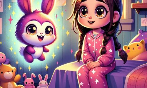 Een 8-jarig meisje, Lisa, met lange gevlochten bruin haar, nieuwsgierige glinsterende ogen en een verlegen glimlach, zit op haar bed omringd door knuffels. Ze draagt een roze pyjama met witte sterren en kijkt verwonderd naar een klein magisch wezen, Mieki, een schattig paars konijn met grote glinsterende oren, dat vrolijk naast haar zweeft. Lisa's kamer is warm, geverfd in geel met eenhoornposters en tekeningen aan de muur. Een zachte maanlicht filtert door het gordijn en projecteert dansende schaduwen op de houten vloer. In deze scène voelt Lisa, hoewel ze een beetje bezorgd is, een nieuwe sensatie van moed en nieuwsgierigheid, terwijl Mieki haar laat zien dat het donker vol magie en schoonheid kan zijn.