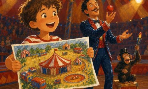 Un ragazzo di 10 anni entusiasta e meravigliato, capelli castani spettinati, maglietta a righe rossa e bianca, short di jeans consumato, occhi brillanti, tiene orgoglioso in primo piano una grande mappa colorata del circo; un uomo adulto, Gianni il giocoliere (30–40 anni), sorridente, costume di paillettes blu notte e rosso, baffo sottile, lancia tre palline colorate in aria vicino al ragazzo, leggermente dietro e a destra; un piccolo scimpanzé con un minuscolo cilindro nero imita Gianni cercando di afferrare una torcia finta, seduto su una cassa dietro di lui; all'interno di un grande tendone a righe rosse e gialle, pavimento in assi, luce calda dei riflettori, festoni e gradinate sfocate sullo sfondo; scena: momento di prova prima dello spettacolo — il ragazzo mostra la mappa, Gianni gioca a tre palline sopra di lui e lo scimpanzé si diverte, atmosfera gioiosa, colori vivaci e texture a gouache con pennellate visibili.