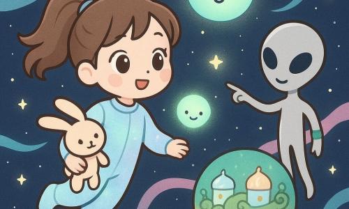 An 8-year-old girl, Mina, radiant and amazed with brown hair in a ponytail and large hazel eyes, wears a pale iridescent soft suit and holds her plush rabbit Bun under her arm as she floats semi-seated; a small mint-colored round luminous being named Lumo with round black eyes and a gentle smile pulses beside her, looking kindly, while a slender silver alien, Pex, with a green wristband floats slightly behind and points toward the planet Sylli; the scene is the 