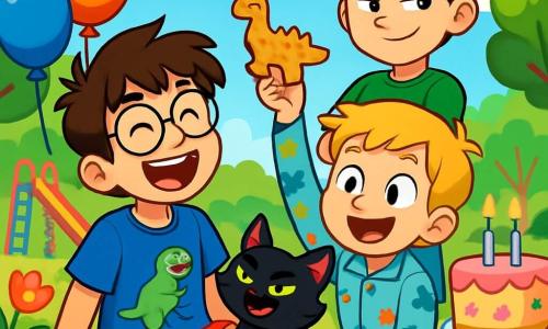Hay 4 personajes: Santi, un niño de 10 años con cabello castaño desordenado y gafas redondas, vestido con una camiseta azul con un dinosaurio y un short rojo, sentado en el suelo riendo con entusiasmo; Nico, un niño de 9 años con cabello rubio y pijama de dinosaurios, sonriendo y sosteniendo un gofre en forma de dinosaurio, al lado de Santi con los ojos abiertos de sorpresa; Marcos, un niño de 11 años con cabello negro y camiseta verde, de pie con los brazos cruzados y una expresión traviesa; y Pelusa, un gato negro de ojos verdes brillantes, tumbado sobre el vientre de Santi, sonriendo de manera pícara. La escena se desarrolla en un parque soleado lleno de árboles verdes y flores coloridas, con un tobogán colorido y niños jugando a lo lejos, bajo un cielo azul con algunas nubes blancas. La historia muestra a los niños y a Pelusa preparando una gran fiesta secreta para los animales que hablan, riendo juntos entre globos de colores y pasteles, mientras Pelusa da un discurso cómico sobre la conquista del mundo animal.