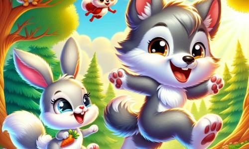 Um pequeno lobo de pelos cinzentos e macios, com grandes olhos brilhantes e um largo sorriso, corre alegremente em uma floresta ensolarada, com as patas levantadas no ar, expressando grande alegria. Ao seu lado, uma coelhinha de grandes orelhas e pelagem branca, com olhos cintilantes, salta com entusiasmo, segurando uma cenoura em suas pequenas patas. Um esquilo de pelagem ruiva, com uma cauda espessa e olhos travessos, sobe em uma árvore próxima, rindo e agitando uma noz que encontrou. A cena se passa em uma floresta verdejante, cheia de árvores majestosas com folhas brilhantes, flores coloridas e uma suave luz dourada filtrando através dos galhos. No chão, a grama é de um verde vívido, salpicada de pequenas flores silvestres. Nessa situação, o pequeno lobo e seus amigos se divertem correndo e pulando juntos, celebrando sua amizade sob o céu azul, cercados pela beleza da natureza.