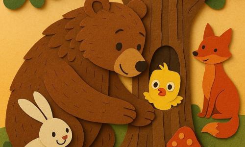 Un gran oso pardo de papel con pelaje en capas, de aspecto benévolo y concentrado, inclinado sobre un hueco en un árbol para ayudar con una pata extendida; un pajarito amarillo de papel sale asustado del hueco sobre la pata del oso; una pequeña liebre blanca de orejas largas en papel plegado, con sonrisa traviesa, agazapada a la izquierda lista para empujar; un zorro rojizo de silueta fina en papel sentado al fondo a la derecha observando agradecido; todo bajo un gran roble de tronco y corteza en tiras de papel, hojas en capas y algunos hongos al pie, luz suave del crepúsculo y paleta cálida típica del papel recortado.