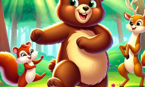 In the center of the image, Benny, a young brown bear with fluffy fur and a round belly, joyfully dances in a sunny clearing, his face beaming with happiness and confidence. His eyes sparkle with excitement as he twirls around, paws raised, surrounded by colorful flowers that sway to the rhythm of his joy. To his right, Clara, an agile squirrel with bright red fur, enthusiastically claps, her wide smile and bright eyes filled with pride for her friend. She perches on a low branch of a tree, ready to jump down and join Benny. To the left, Leo, a majestic deer with large antlers and golden-brown fur, watches Benny with admiration, his expression full of encouragement. He stands firmly on the ground, ready to applaud the bear's performance. The scene takes place in a lush green clearing, surrounded by tall trees with leafy canopies, where sunlight filters through the branches, creating shimmering patterns on the ground. Brightly colored wildflowers dot the ground, adding a touch of magic to the environment. The main situation shows Benny, the bear, overcoming his shyness by dancing joyfully, surrounded by his encouraging friends, illustrating the themes of self-confidence and self-acceptance.