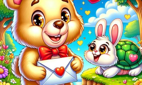 The illustration depicts a cheerful bear with golden fur and sparkling mischievous eyes. He wears a red bow tie and smiles widely while holding a large colorful envelope in his paws, ready to deliver a message of love. Beside him is a small bunny with big ears and white fur, pink cheeks, and bright excited eyes, jumping in place, clearly eager and happy, looking at the bear with admiration. A little green turtle with a gentle curious expression observes the scene, a shy smile on its face, wondering what the bear will do. The setting is by a sparkling pond, surrounded by colorful flowers and large heart-shaped leaves on trees. The sky is bright blue with fluffy white clouds. The main focus shows the bear preparing a surprise for his friends by delivering love messages, while the bunny and turtle cheer him on enthusiastically. Hearts float around them, adding a magical touch to this Valentine's scene. Other graphic elements include heart-shaped balloons, flower garlands, and small colorful gift packages, creating a festive and joyful atmosphere.