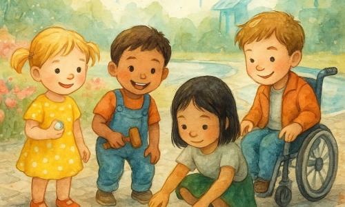 Vier Kinder: Lina, 3 Jahre, blonde Zöpfe, gelbes gepunktetes Kleid, links mit einer glänzenden kleinen Stein in der Hand und lächelnd; Sami, fast 3, kurze braune Haare und blaue Latzhose rechts von Lina, spielt ein kleines Holzinstrument und lacht; Mei, 3, glattes schwarzes Haar, grüner Rock, hockt vorne in der Mitte und berührt eine weiche, moosartige Oberfläche, konzentriert; Jonas, etwas älter, hellbraune Haare, orange Jacke, im Rollstuhl hinten mittig, Hände an den Rädern, lächelnd und drückt mit dem Finger einen runden leuchtenden Knopf. Ort: gepflasterter Platz zwischen Blumenwiese mit rosa Blüten und rundem klaren Wasserbecken, kleine funkelnde Wasserläufe, blaue und grüne Lampions, futuristische Gebäude mit begrünten Dächern und runden Solarpanelen im Hintergrund. Szene: die Kinder arrangieren eine Reihe leuchtender Klangsteine und Wasserperlengirlanden, sanftes Licht strömt aus den Steinen, durchsichtige Fäden schwingen, kleine Tropfen reflektieren Farben, insgesamt eine ruhige, schützende, poetische Atmosphäre.