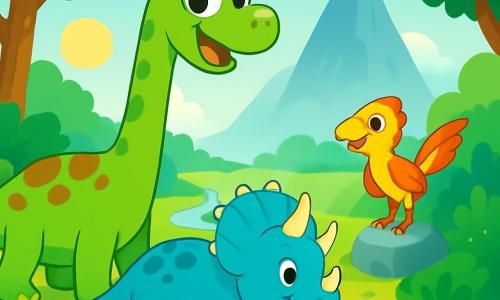 Un diplodocus numit Dodi, cu un gât lung verde și pete maronii, stă la marginea unei văi însorite, cu ochii mari strălucind de excitație. Se uită spre o deal majestuos, plin de mister, cu o expresie curioasă și veselă. Lângă el, Trici, un triceratops cu solzi verde-albăstrui și trei coarne ascuțite, pasc iarba, observându-l pe Dodi cu un zâmbet prietenos. Riri, un raptor agil cu pene galbene și roșii, stă pe o piatră, cu aripile ușor desfăcute, pregătit să zboare pentru a explora. Peisajul este plin de copaci mari cu frunze luxuriante, flori colorate și un râu strălucitor care șerpuiește prin vale. În depărtare, dealul este acoperit de o ceață ușoară, adăugând o notă de mister aventurii. Dodi, plin de entuziasm, se pregătește să plece în aventură pentru a descoperi ce se ascunde dincolo de deal, în timp ce prietenii săi îl încurajează să facă primul pas.