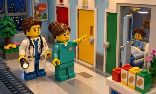 Een hartelijke scène in een ziekenhuisgang als gedetailleerd LEGO-diorama: dokter Daan loopt rustig langs met een kleine plastic stethoscoop en een zaklamp, verpleegster Noor (±30, haren vast) staat naast hem en wijst naar drie gekleurde deuren (rood, geel, groen) met tekenachtige etiketten; door een opengelaten deur zit een ongeveer 6-jarige jongen op een klein LEGO-bed met gestreept dekentje en kijkt nieuwsgierig, de gang heeft zachte maanachtige verlichting, pastelblauwe muren, wit-grijze betegeling, vrolijke kinderp posters en gekleurde verbanddoosjes op een tafel, raam toont nachtelijke stad met lichtjes als vuurvliegjes, warme geruststellende sfeer, glanzende plastic texturen, zachte schaduwen, verzadigde kleuren, licht schuin perspectief, realistisch-schattige illustratiestijl, hoge resolutie, zachte nachtverlichting.
