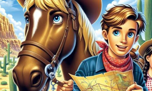 Un joven, Jack, está en el centro de la imagen, con un amplio sombrero de vaquero y una camisa a cuadros roja y azul. Su rostro refleja determinación y emoción, y sus ojos brillan de aventura mientras sostiene firmemente las riendas de su caballo, Canelo, un hermoso semental marrón con una melena dorada. A su lado está Kate, una joven de 20 años, con cabello castaño recogido en una trenza y un pañuelo rojo alrededor del cuello. Ella observa atentamente el viejo mapa que sostiene en sus manos, su expresión es concentrada y llena de esperanza. Al fondo, la escena se desarrolla en un desierto árido, con colinas doradas bajo un cielo azul brillante, salpicado de algunas nubes blancas. Algunos cactus gigantes añaden un toque de verdor a este paisaje salvaje. La situación principal muestra a Jack y Kate, listos para aventurarse en una cueva misteriosa, con sombras amenazantes dibujándose en la entrada, sugiriendo que peligros los esperan en el interior.