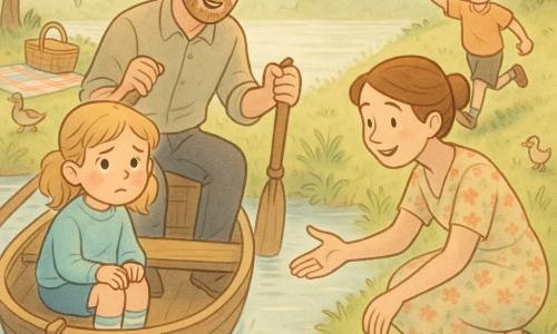 Six-year-old girl sits in a small wooden dinghy, slightly confused but curious, rosy cheek, sky-blue sweater and striped sock visible, her missing red shoe floating near the edge; father (35–40) stands beside the boat smiling with a hand on the oar, light beard, casual clothes and a caring gaze; mother (35–40) crouches at the water’s edge with hair tied, gentle smile and an outstretched hand, wearing a floral dress; older brother Tim (about 8) runs on the shore holding the recovered red shoe triumphantly; setting: calm morning lake with silver-sparkling water, low mist, grassy shore, a colorful picnic blanket and basket nearby, ducks and weeping willows; overall a soft, luminous pastel scene with rounded shapes and gentle textures showing the girl’s slight confusion eased by her parents’ reassurance and her brother’s find.