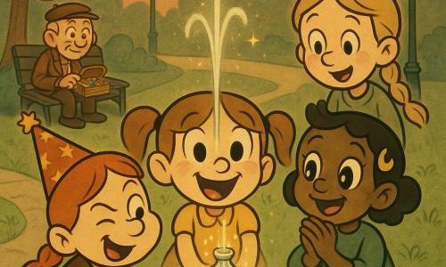Vijf personages: Mila, meisje 8 jaar, licht kastanjebruin haar in staart, gele jurk, grote glimlach, houdt een klein glazen flesje op de rand van de fontein, kijkt verwonderd naar het water; Zoë, meisje 8 jaar, rood haar in vlecht, feesthoed met sterren, links van Mila, duwt speels op de fonteinknop; Amira, meisje 8 jaar, getinte huid, kort zwart haar met een maanspeldje, rechts van Mila, handen samengevouwen, kijkt naar gekleurde reflecties; Noortje, meisje 8 jaar, blond haar in vlecht, lichtgroene trui, staat iets achter rechts van Mila, ondersteunt het flesje; Park-Opa, man ~70, gerimpelde zachte huid, klein vlak petje, versleten bruine jas, zit op een bank linksachter met een houten doos met kleurige zakjes en kijkt vriendelijk naar de kinderen. Locatie: buurtpark bij schemering met groen gazon, lichte geplaveide pad, gestileerde bomen, ronde stenen fontein met mozaïek van kleine gekleurde druppels (blauw, groen, paars, goud), lichte nevel en enkele retro lantaarns aan. Hoofdscène: kinderen vullen een klein flesje aan de fontein; helder water stroomt als een dunne glanzende straal, gouden vonkjes dwarrelen in het flesje dat glinstert, gezichten vol verwondering en kameraadschap, warme pastelkleuren en retro cartoonstijl met vloeiendelijnen.