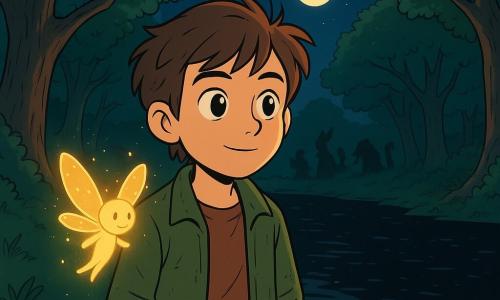 Een jonge jongen genaamd Elias, ongeveer 10 jaar oud, staat aan de oever van een donkere rivier, zijn gezicht verlicht door een glimp van hoop. Hij heeft rommelig bruin haar, heldere en nieuwsgierige ogen, en draagt een versleten groene stoffen jas. Vastberaden kijkt hij naar de andere oever, waar schaduwen op het water dansen. Naast hem staat een klein vuurvliegje, een delicate en lichtgevende creatuur, die een zachte gouden gloed uitstraalt. Het heeft doorschijnende vleugels die schitteren als sterren en lijkt Elias aan te moedigen met een vriendelijke glimlach. De plek is een betoverd bos, met grote bomen met knoestige stammen, waarvan de felgroene bladeren het maanlicht filteren. De diepzwarte rivier weerspiegelt de sterren, wat een magische en mysterieuze sfeer creëert. De scène toont Elias die klaar is om de rivier over te steken, vastbesloten om de dieren van het bos te helpen, terwijl het vuurvliegje naast hem straalt en het pad naar het onbekende verlicht.