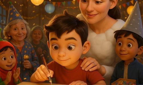 Un bambino di 8 anni, calmo e concentrato, volto rotondo con ciuffo bruno ribelle e occhi nocciola, incide con una punta metallica lucida una delicata lettera 