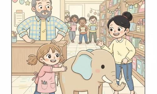Una bambina di 10 anni con capelli castano chiaro in codini disordinati e sorriso malizioso spinge delicatamente un grande elefante di cartone poggiando le mani sotto la proboscide; indossa un grembiule con tasche piene di matite. Dietro il banco, il proprietario circa 50 anni, barba brizzolata e camicia a quadri, osserva stupito, mentre la madre (circa 35 anni, capelli raccolti) tiene una corda e incoraggia la bambina. Sullo sfondo altri bambini (8–12 anni) formano una catena e ridono portando scatole colorate; tutti sollevano l’elefante sul piccolo carrello in un negozio di forniture caldo con scaffali in legno, luci gialle e palette pastello in stile kawaii minimal, linee pulite e ombre leggere.