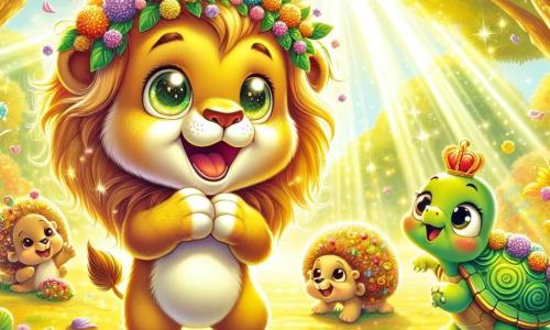 Un giovane leone dagli occhi scintillanti e dalla criniera dorata, pieno di entusiasmo, si trova al centro di una radura soleggiata, circondato da fiori colorati e foglie brillanti. Sorride ampiamente, con le zampe sollevate come se fosse pronto a saltare di gioia. Alla sua destra, una tartaruga dal sorriso dolce, con un guscio verde decorato con motivi floreali, guarda il leone con orgoglio, tenendo tra le zampe delle bacche colorate che ha appena raccolto. A sinistra, un piccolo riccio dai pungiglioni dorati, con occhi maliziosi, si dà da fare per creare festoni con le foglie, ridendo allegramente. L'ambientazione è una radura magica, illuminata da una luce dorata, dove fiori vivaci danzano al vento e raggi di sole filtrano attraverso alberi maestosi, creando un'atmosfera calda e festosa. La scena principale mostra il giovane leone e i suoi amici intenti a preparare una festa a sorpresa per la festa del papà, pieni di entusiasmo e amicizia, pronti a celebrare l'amore nel loro mondo incantato.
