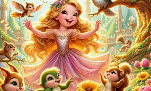 La Bella Durmiente, una joven de largos cabellos dorados, lleva un vestido rosa brillante que resplandece bajo el sol. Tiene una sonrisa radiante y ojos chispeantes de alegría, mientras extiende la mano hacia un grupo de animales del jardín, invitándolos a unirse a ella para una fiesta. A su lado, Chispa, una pequeña ardilla de ojos vivaces y pelaje marrón, salta alegremente de rama en rama, sosteniendo una nuez en sus patas. Más lejos, un viejo búho sabio, Don Sabio, con plumas grises y gafas redondas, observa la escena con benevolencia, posado en una rama. La escena se desarrolla en un jardín encantador, lleno de flores coloridas, arbustos verdes y majestuosos árboles. Guirnaldas de luces brillantes están colgadas entre las ramas, creando una atmósfera festiva y mágica. La situación principal muestra a la Bella Durmiente organizando una gran fiesta para reunir a todos los habitantes del reino, celebrando el amor y la unidad, mientras la brisa suave hace danzar los pétalos de flores a su alrededor.