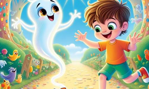 Un pequeño fantasma llamado Gaspar, con un cuerpo translúcido y ojos chispeantes de malicia, flota alegremente sobre un camino soleado, riendo con entusiasmo. Tiene brazos delgados que ondulan como olas y una sonrisa traviesa que ilumina su rostro. A su lado, Lucas, un niño de ocho años con cabello castaño desordenado y una camiseta colorida, observa con curiosidad las botas danzantes que están frente a ellos. Su rostro sonriente y sus ojos brillantes de emoción mientras extiende la mano hacia las botas. El escenario es un camino bordeado de árboles con troncos coloridos, donde las hojas brillan como confeti bajo el sol. Flores de colores vivos bailan al ritmo de una suave brisa, y aves de plumas brillantes vuelan alegremente en el cielo azul. La situación principal muestra a Gaspar y Lucas descubriendo juntos botas que bailan solas, rodeados de una atmósfera alegre y mágica, listos para resolver el misterio de la risa desaparecida del Dragón Alegre.
