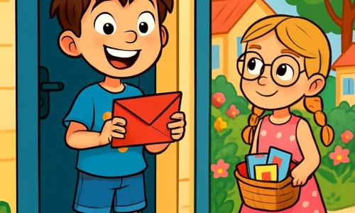 Um garoto de 10 anos, chamado Pedro, com cabelos castanhos bagunçados e olhos brilhando de curiosidade, segura um envelope vermelho nas mãos, com o rosto iluminado por um grande sorriso de empolgação. Ele usa uma camiseta azul com um desenho de super-herói e um short de jeans, em pé na entrada de sua casa. Ao lado dele, sua vizinha, Sofia, uma menina de 9 anos com cabelos loiros trançados e óculos redondos, observa Pedro com um olhar intrigado, segurando uma pequena cesta cheia de cartões coloridos. Ela está vestida com um vestido rosa de bolinhas e sandálias amarelas, ligeiramente recuada, pronta para ajudá-lo em sua busca. O cenário é de um bairro residencial ensolarado, com casas de fachadas coloridas, jardins floridos e árvores verdes. O céu é de um azul vibrante, com algumas nuvens brancas fofas. A situação principal mostra Pedro, entusiasmado e determinado, pronto para procurar o destinatário do envelope misterioso, enquanto Sofia o incentiva com um sorriso amigável, cercados pela atmosfera alegre do Dia dos Namorados.