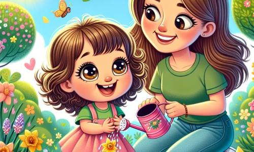 A one-year-old girl with bright big eyes and curly brown hair joyfully smiles while holding a small pink watering can. She is kneeling in a sunny garden surrounded by colorful flowers, with yellow daffodil petals dancing around her. Her mother, a woman in her 30s with long straight hair, wearing a green t-shirt and denim pants, stands beside her, smiling and encouraging her while showing the seeds they just planted. The garden is lush with blooming trees, fluttering butterflies, and a clear blue sky dotted with fluffy white clouds. The little girl waters the seeds they planted, laughing and marveling at the magic of spring, while her mother watches her proudly, creating a tender and joyful moment.
