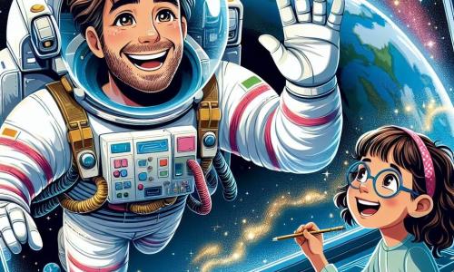 An astronaut, a man with a smiling face and sparkling eyes, floats in space, wearing a white spacesuit adorned with bright colors. His transparent helmet reveals his messy brown hair and amazed expression as he admires Earth, a stunning blue and green globe below him. Nearby, a 10-year-old girl with curly hair and glasses watches in fascination through a spaceship window. She holds a sketchbook, enthusiastically drawing the stars and planets she sees. The spaceship, orbiting Earth, is filled with glowing control panels and screens displaying scientific data. Outside, a sparkling starry background is dotted with distant galaxies and colorful nebulae. The main scene shows the astronaut sharing his incredible experience with the girl, explaining the beauty of space and the importance of dreaming big as they float together in the vastness of the universe.
