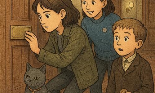 Mina, 12, focused with bright eyes, in a simple khaki jacket and slightly dirty sneakers, delicately places a brass nameplate into a vacant slot on a door; Tamsin, about 12, determined and smiling, wearing a blue sweater with elbow patches and a badge holder, stands just behind her, leaning in to help and inspect the plate; Elliot, about 9, surprised but relieved, in an old suit with a stiff collar, stands on the other side of the door holding a small brass button in his palm; Professor Whiskers, a gray silky cat with a gold collar, sits on a rug before the door with a calm, stern look. The warm, timeless interior corridor has worn wooden paneling, warm wall lights, a bowl of red apples on a console, brass plates on the doors, Persian rug patterns and dust motes in shafts of light. Main moment: a quiet, tense repair—Mina replaces the missing plate to stabilize a time door, soft light highlighting the brass, precise movements, an atmosphere of wonder and responsibility.