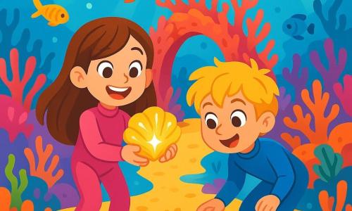 There are two main characters: Mia, an 8-year-old girl with long brown hair wearing a pink wetsuit. She has a big smile and holds a beautiful shiny seashell in her hands, marveling at her discovery. Oliver, an 8-year-old boy with messy blonde hair, is wearing a blue wetsuit. He leans forward, examining the seashell with curiosity, his eyes sparkling with excitement. The main setting is a beautiful underwater kingdom filled with colorful corals in vibrant shades of pink, orange, and purple. Colorful fish swim around them, and beams of light filter through the water, illuminating a golden sand path leading to a large coral arch. The main situation shows Mia and Oliver discovering the underwater kingdom, amazed by the beauty of the marine creatures and sparkling treasures surrounding them, as they prepare to meet the Queen of the Seas.