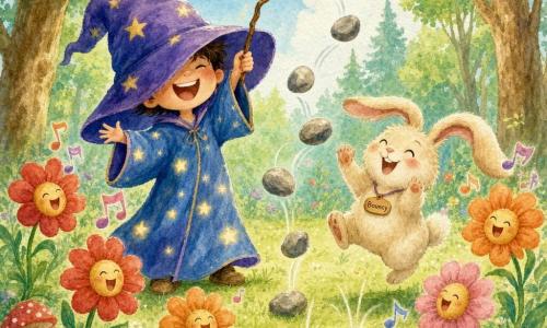 A smiling, mischievous boy wizard with twinkling eyes and an oversized violet hat slipping over his eyes wears a long blue robe sprinkled with softly glowing yellow stars; he holds a slightly curved wand that sends pebbles bouncing like jelly. Beside him to the right, Bouncy, a small fluffy cream-colored rabbit with long floppy ears, jumps and raises a paw as if applauding. Colorful flowers with smiling faces circle them, singing and swaying. Background: a sunny clearing in a friendly forest with tender green grass, a few red mushrooms with white spots, brown-trunked trees and soft green foliage under a pale blue sky with fluffy clouds. Joyful magical moment, centered composition, warm playful atmosphere, bright colors and soft watercolor-like edges.