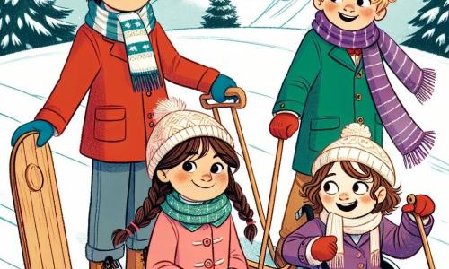 Four friends stand at the top of a snowy hill, ready to slide down on sleds. Aiden, a 10-year-old boy with messy red hair, wears a blue hat and a bright red coat, smiling widely while holding his wooden sled. Eliza, a 9-year-old girl with braided brown hair, is dressed in a pink snowsuit and white gloves, enthusiastically gesturing and ready for her turn. Noah, Eliza's shy 9-year-old twin brother, wears round glasses and a green coat, adjusting his scarf while smiling at his friends. Mia, a 10-year-old girl in a wheelchair, has curly blonde hair and wears a purple coat, laughing joyfully while holding an adapted sled beside her. The scene takes place in a winter park, with majestic trees covered in sparkling snow and a bright blue sky. Snowflakes gently fall, adding a magical touch to the atmosphere. The friends are about to race down the hill, their faces lit up with excitement and joy, ready for an unforgettable adventure in this enchanting winter landscape.