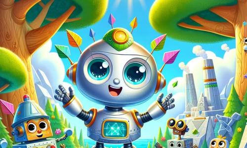 Il personaggio principale, Zingo, è un piccolo robot carino con un corpo in metallo lucido, occhi rotondi ed espressivi che brillano di eccitazione. Sta scoprendo un mondo antico, con le braccia alzate in segno di gioia, circondato da colori vivaci e forme divertenti. Accanto a lui c'è Pif, un robot a vapore con ruote e ali di carta, che sorride con meraviglia, le braccia incrociate, osservando Zingo con ammirazione. La scena si svolge in una foresta incantata, con alberi giganteschi dalle foglie verdi brillanti, fiori colorati e piccoli robot che costruiscono un ponte di legno, il tutto sotto un cielo blu punteggiato di nuvole bianche e soffici. La situazione principale mostra Zingo e Pif che collaborano gioiosamente con altri robot, tutti uniti in un progetto di costruzione, simboleggiando amicizia e cooperazione nel tempo.