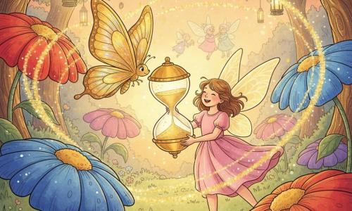 A fada Lila, criança fada sorridente de asas brilhantes e vestido rosa-pálido, segura uma grande ampulheta dourada; uma borboleta dourada pousa ao seu lado sobre uma flor gigante enquanto flores coloridas formam um caminho; ao fundo fadas pequenas e desfocadas brincam entre troncos, e no Jardim do Tempo — relva macia, árvores cintilantes e lanternas crepusculares — Lila ativa a ampulheta e redemoinhos de luz e areia dourada transformam suavemente o tempo.