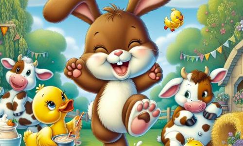 An adorable rabbit named Benny, with big floppy ears and soft brown fur, joyfully hops in the center of the image, a big smile on his face, holding a carrot-shaped cupcake in his little paws. To his right, Daisy, a bright yellow duck with shiny feathers, dances splashing in a small pond, her wings open and her face radiating happiness. To the left, Charlie, a brown cow with white spots, is making milkshakes, a large container in his paws, smiling at Benny. The setting is a sunny garden filled with colorful flowers, green trees in the background, and a light blue sky dotted with fluffy clouds. The ground features games like haystacks and floral decorations adding a festive touch. The main scene shows Benny and his friends preparing for their big party, surrounded by laughter and joy, ready to have fun together.