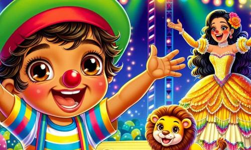 Un niño de 3 años, Miguel, con grandes ojos brillantes y una amplia sonrisa, lleva una gorra colorida y una camiseta a rayas. Está haciendo una mueca cómica en el escenario, con los brazos extendidos y una expresión de alegría y emoción en su rostro. A su lado, Pipo, un payaso alegre de unos 30 años, con una gran nariz roja y cabello alborotado, hace gestos exagerados para hacer reír al público, sosteniendo una gran flor de plástico. Rosa, una domadora de leones de unos 25 años, con un vestido brillante y cabello largo, está al fondo, sonriendo y aplaudiendo, mientras sostiene un león de peluche. El lugar es un circo colorido, con carpas rojas y amarillas, luces centelleantes y globos flotando en el aire. Los espectadores maravillados están sentados en bancos de madera, riendo y aplaudiendo. La situación principal muestra a Miguel en el escenario, listo para hacer reír al público con sus muecas, rodeado de sus amigos artistas del circo, creando un ambiente alegre y mágico.