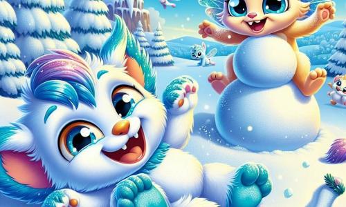 Fluvio, un pequeño animal con grandes orejas redondas y pelaje azul suave, está tumbado en la nieve, riendo alegremente con ojos brillantes de felicidad. Rueda en la nieve fresca, dejando huellas de su colorido pelaje. A su lado, Lira, una criatura alada con alas translúcidas brillantes, se desliza sobre una gran hoja, mostrando una sonrisa radiante y ojos brillantes de travesura. Ella está a punto de elevarse en el aire, rodeada de copos de nieve que bailan a su alrededor. El paisaje es un hermoso entorno invernal, con majestuosos árboles cubiertos de nieve brillante, colinas blancas ondulantes y un cielo azul claro salpicado de nubes esponjosas. La escena muestra a Fluvio y Lira divirtiéndose juntos, construyendo un gran muñeco de nieve, con ramas como brazos y piedras como ojos, mientras ríen y disfrutan de la magia del invierno.