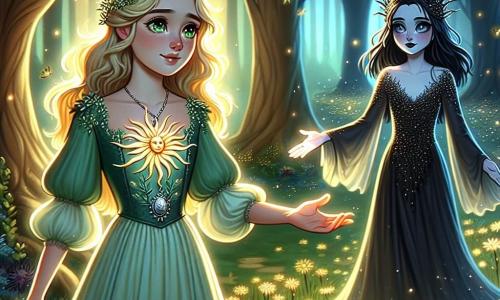 Elara, a young woman with hair golden like sunlight, stands at the center of the scene, her face illuminated by gentle determination. She wears a light emerald green dress adorned with delicate flowers, and her silver locket shines against her chest. Her eyes sparkle with hope as she reaches out to Morwenna, the Shadow Witch. Morwenna, a middle-aged woman with ink-black hair and piercing eyes, stands slightly back, her hesitant expression revealing a mix of curiosity and vulnerability. She is dressed in a dark, flowing dress like a storm cloud, seemingly ready to embrace the light Elara offers. The setting is an enchanted glade, surrounded by majestic trees with shimmering leaves, bathed in moonlight. Luminescent flowers cover the ground, and fireflies dance in the air, creating a magical and serene atmosphere. The main situation shows Elara extending her hand to Morwenna, offering her a chance for redemption and light, as the witch's shadows begin to dissipate, revealing a glimmer of hope in her heart.