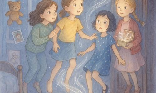 Sunt patru fete: Mara (11 ani), păr șaten prins în coadă, tricou galben și fustă de blugi, în centru cu mâna întinsă către o ceață argintie care iese dintr-un dulap vechi; Ilinca (10 ani), păr brun ondulat, pulover verde cu motive, stânga de Mara, cu privire curioasă și mâna pe umărul lui Vali; Vali (9 ani), păr negru scurt, rochie cu buline albastre, dreapta de Mara, cu ochii mari și un picior pe jumătate ridicat ca și cum ar fi atrasă; Daria (10 ani), păr blond împletit, vestă roșie, puțin în spate-dreapta, ținând o cutiuță muzicală deschisă din care ies note vizibile; într-o cameră de copil noaptea, luminată de lună, cu pereți tapetați cu postere și rafturi cu jucării, și un dulap mare din lemn în colț cu ușa întredeschisă de unde iese o ceață argintie în formă de vârtej care le ridică ușor în aer; în aer plutesc obiecte mici (o jucărie de pluș, o fotografie, o eșarfă); expresii îngrijorate dar uimite, atmosferă misterioasă și blândă, paletă pastel cu accente argintii și albe strălucitoare.